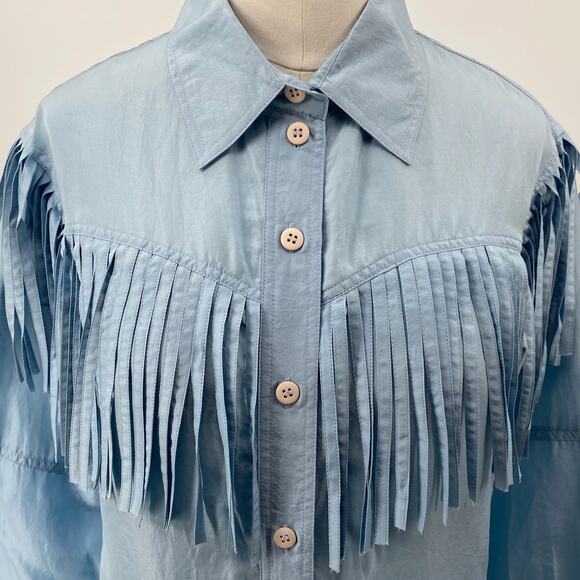 Vintage 90s Fringe Silk Button Down Shirt Blouse Western Light Blue Small Petite - Picture 3 of 7